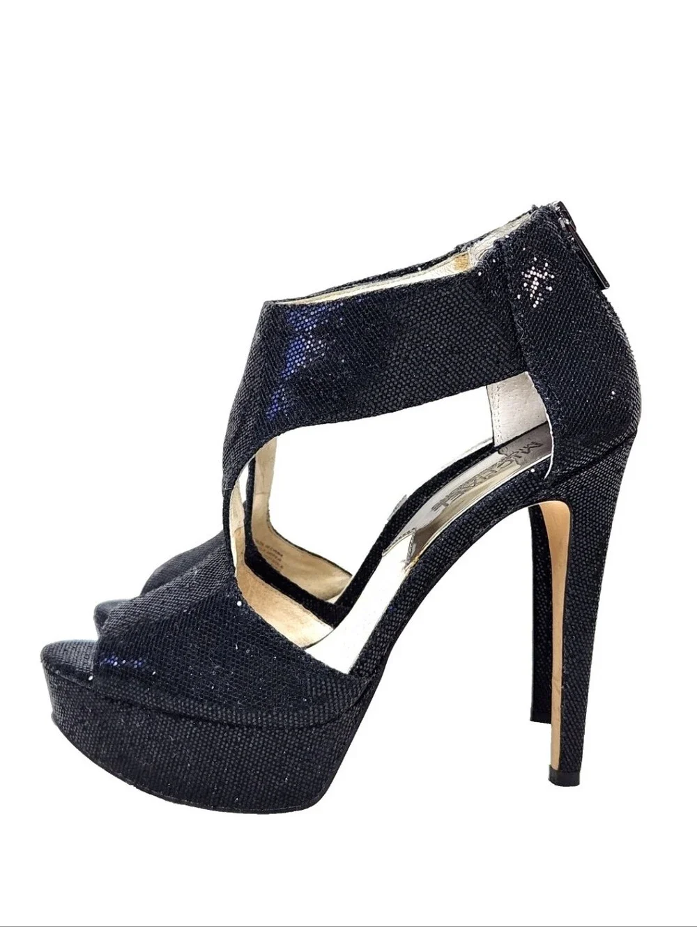 MICHAEL KORS Sparkle Platform Heels Sz 7 Black Ankle T-Strap Cut-Out Back Zip